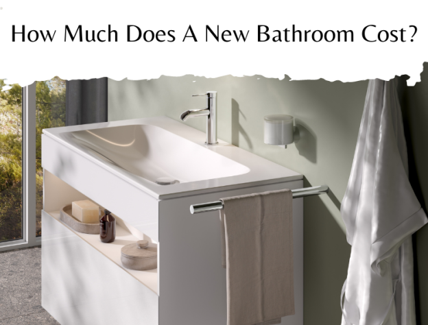 Lifestyle image of a white washbasin unit, with a chrome basin tap, wall mounted towel rail and soap dispenser, featuring the heading "How Much Does A New Bathroom Cost?" in black font against a white strip